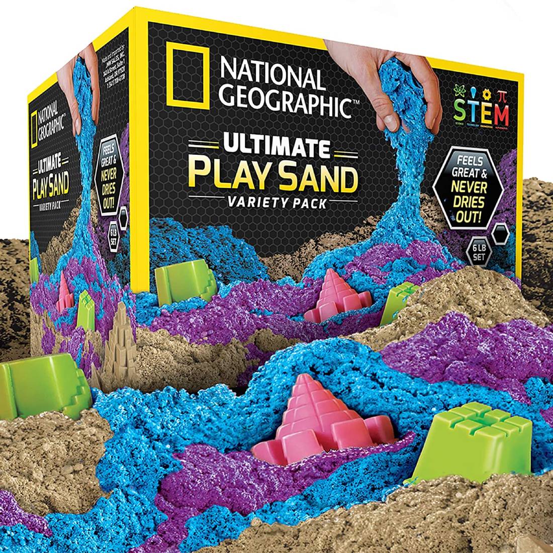 NATIONAL GEOGRAPHIC Play Sand Combo Pack2 libras cada una de arena azul, púrpura y natural